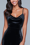 Black Velvet Spaghetti Straps A Line Tea Length Holiday Party Dress