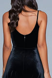 Black Velvet Spaghetti Straps A Line Tea Length Holiday Party Dress