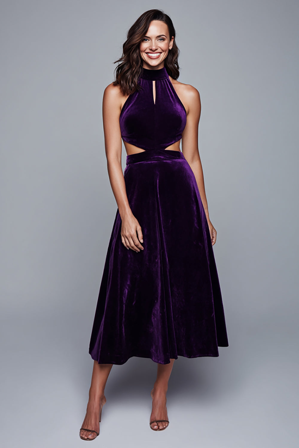 Plum Halter Velvet A Line Cut Out Tea Length Holiday Party Dress