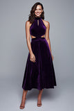 Plum Halter Velvet A Line Cut Out Tea Length Holiday Party Dress