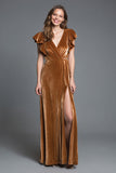 Brown Velvet V-Neck Sheath Long Holiday Party Dress with Slit