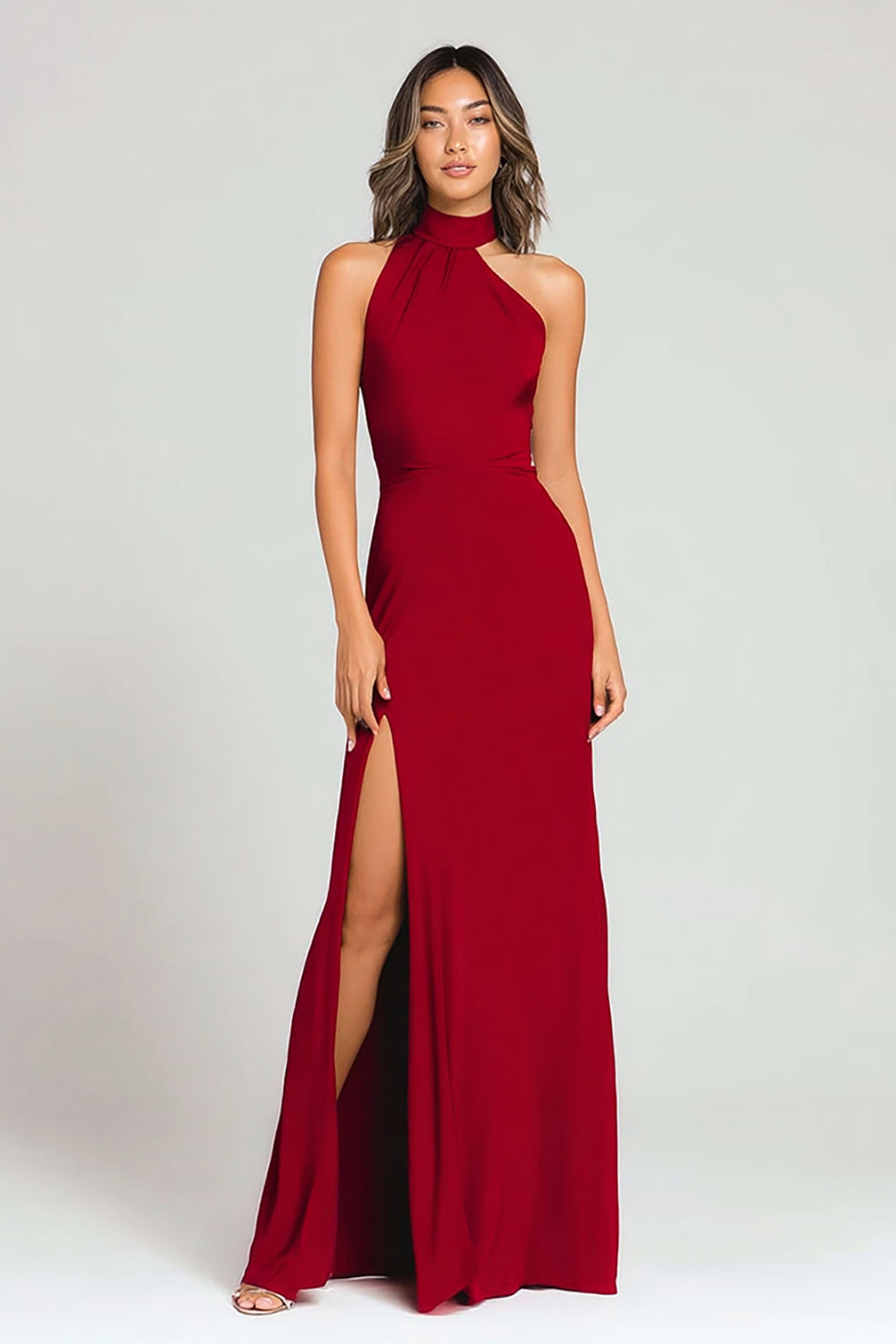 Burgundy Sheath Halter Long Formal Dress with Slit