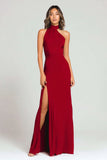 Burgundy Sheath Halter Long Formal Dress with Slit