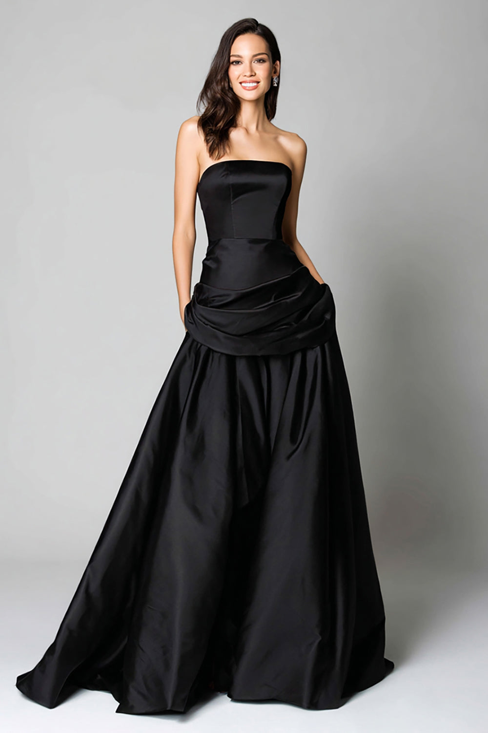 Black Strapless Satin A Line Ruched Maxi Formal Dress