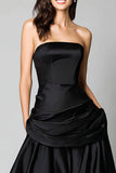 Black Strapless Satin A Line Ruched Maxi Formal Dress
