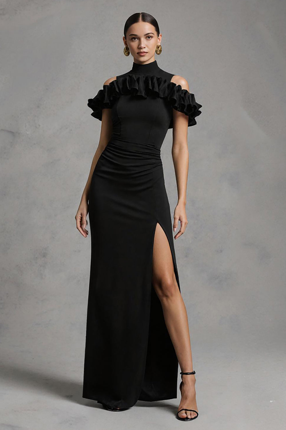 Black Satin High Neck Mermaid Long Formal Dress with Ruffles