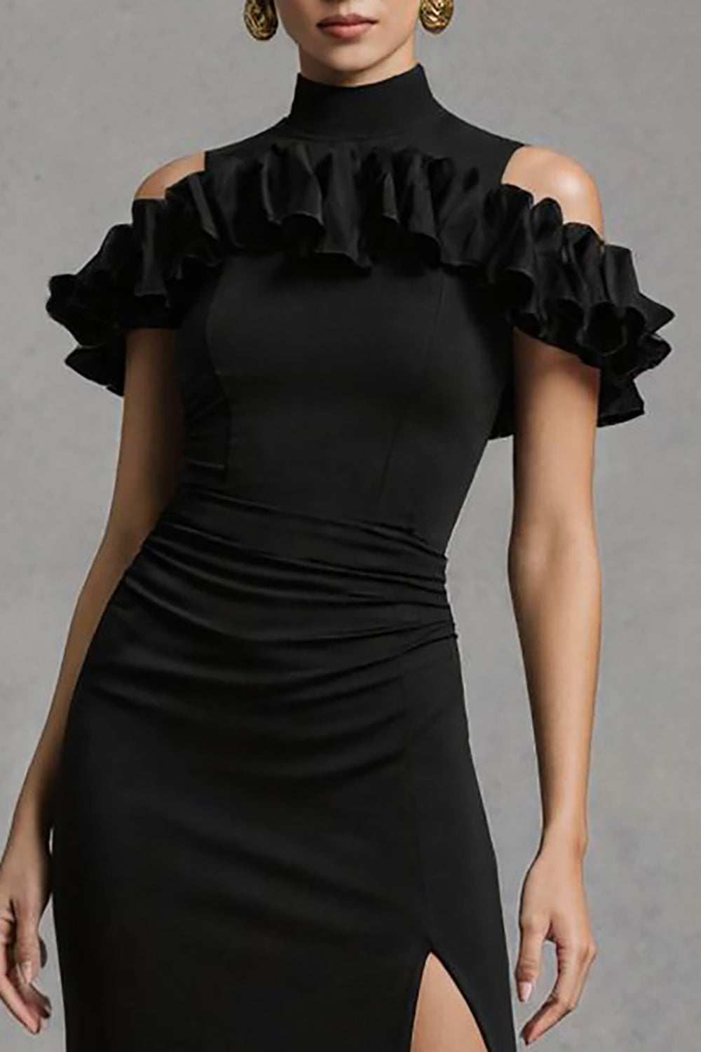 Black Satin High Neck Mermaid Long Formal Dress with Ruffles