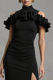 Black Satin High Neck Mermaid Long Formal Dress with Ruffles