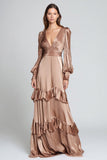 Light Brown Satin V-Neck Ruffled A Line Long Formal Dress with Sleeves