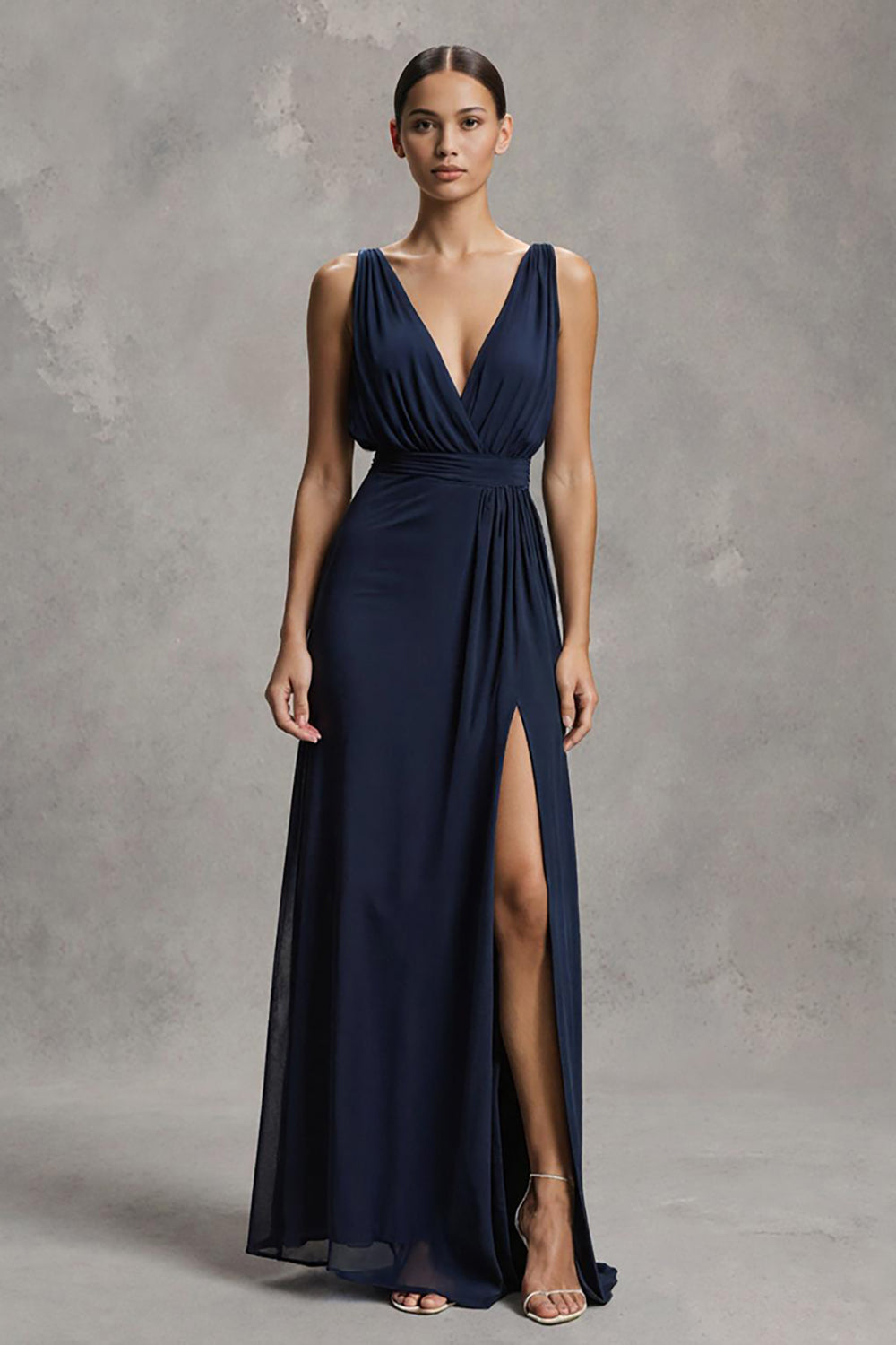Navy Chiffon Deep V-Neck Sheath Maxi Formal Dress with Slit