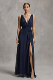 Navy Chiffon Deep V-Neck Sheath Maxi Formal Dress with Slit
