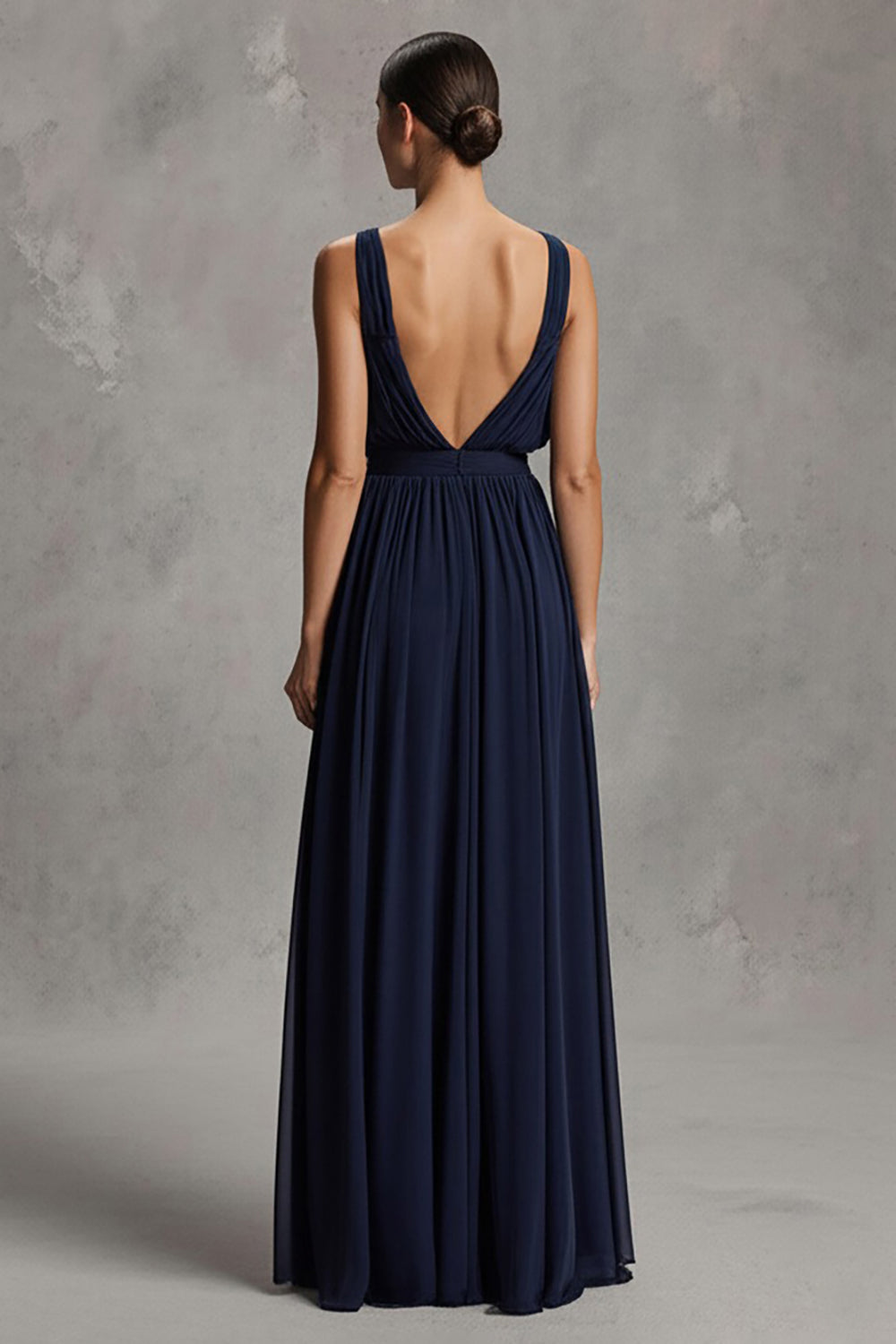 Navy Chiffon Deep V-Neck Sheath Maxi Formal Dress with Slit