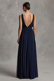 Navy Chiffon Deep V-Neck Sheath Maxi Formal Dress with Slit