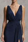 Navy Chiffon Deep V-Neck Sheath Maxi Formal Dress with Slit