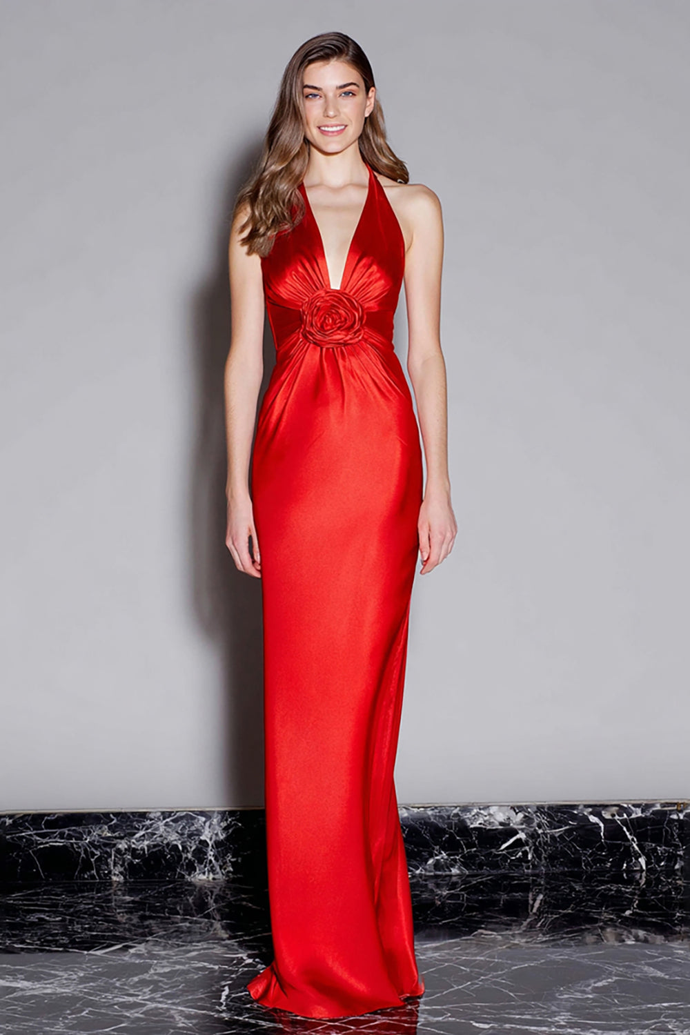 Red Satin Halter Mermaid Long Formal Dress with 3D Flower