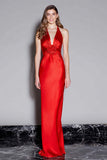 Red Satin Halter Mermaid Long Formal Dress with 3D Flower