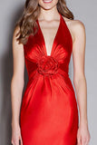Red Satin Halter Mermaid Long Formal Dress with 3D Flower