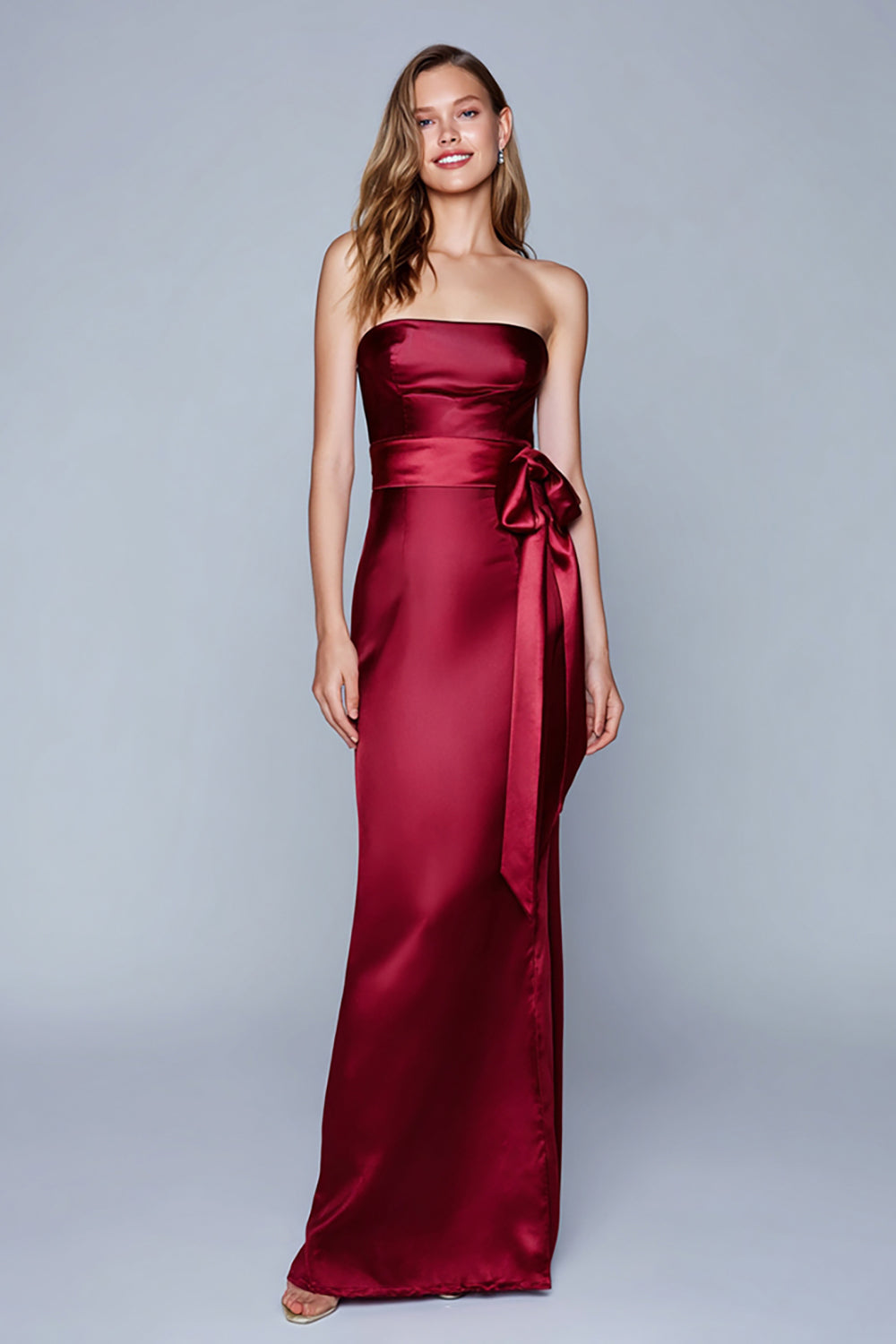 Burgundy Satin Strapless Mermaid Maxi Formal Dress with Bow