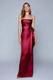 Burgundy Satin Strapless Mermaid Maxi Formal Dress with Bow