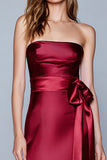 Burgundy Satin Strapless Mermaid Maxi Formal Dress with Bow