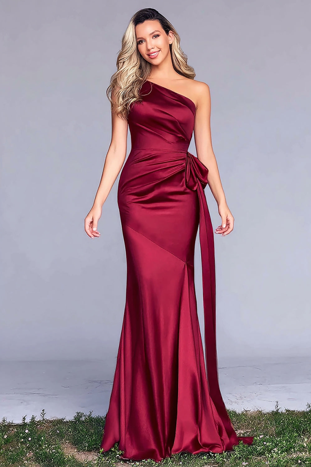 Burgundy Mermaid One Shoulder Satin Maxi Formal Dress with Bow