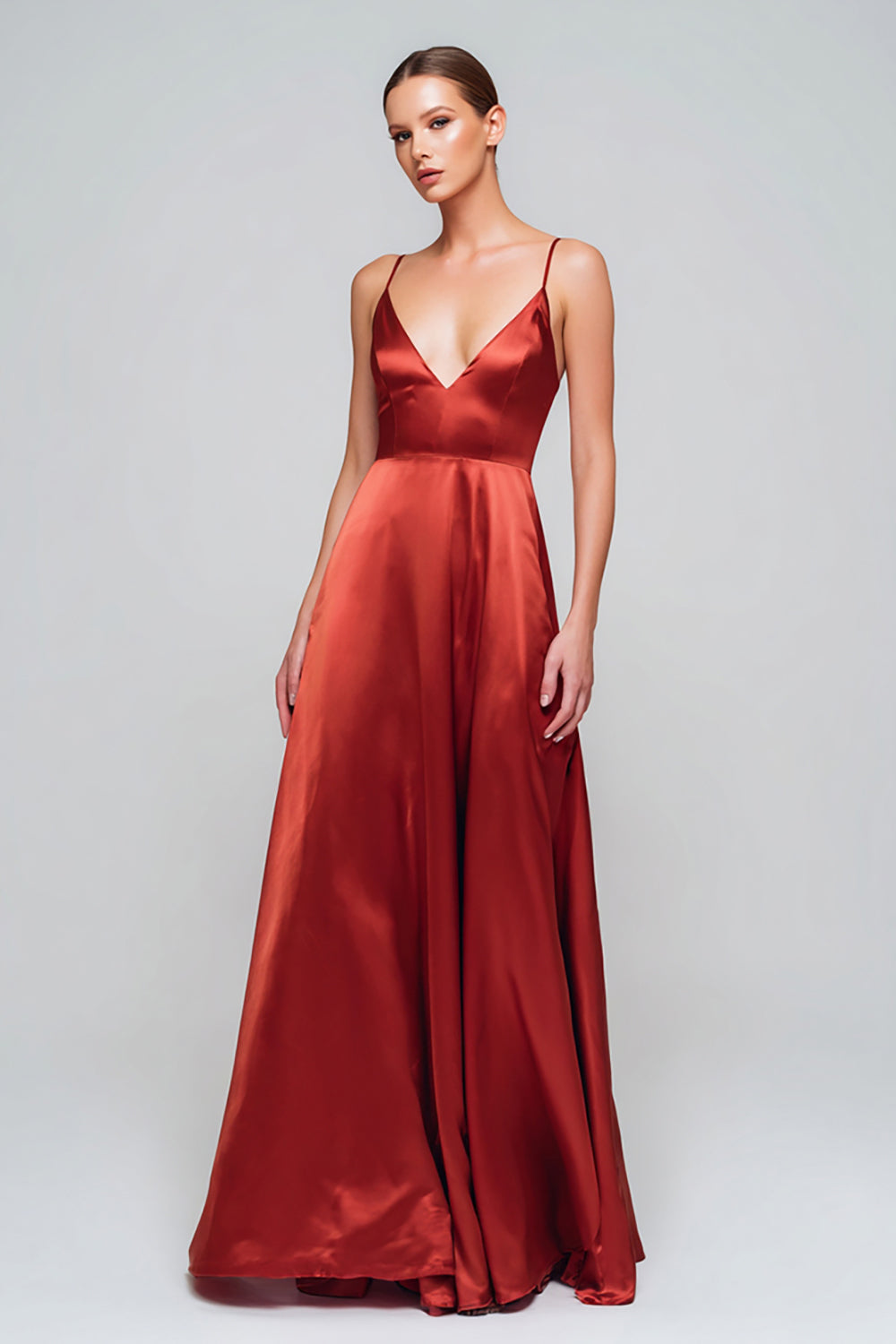 Red Satin A Line Spaghetti Straps Long Formal Dress