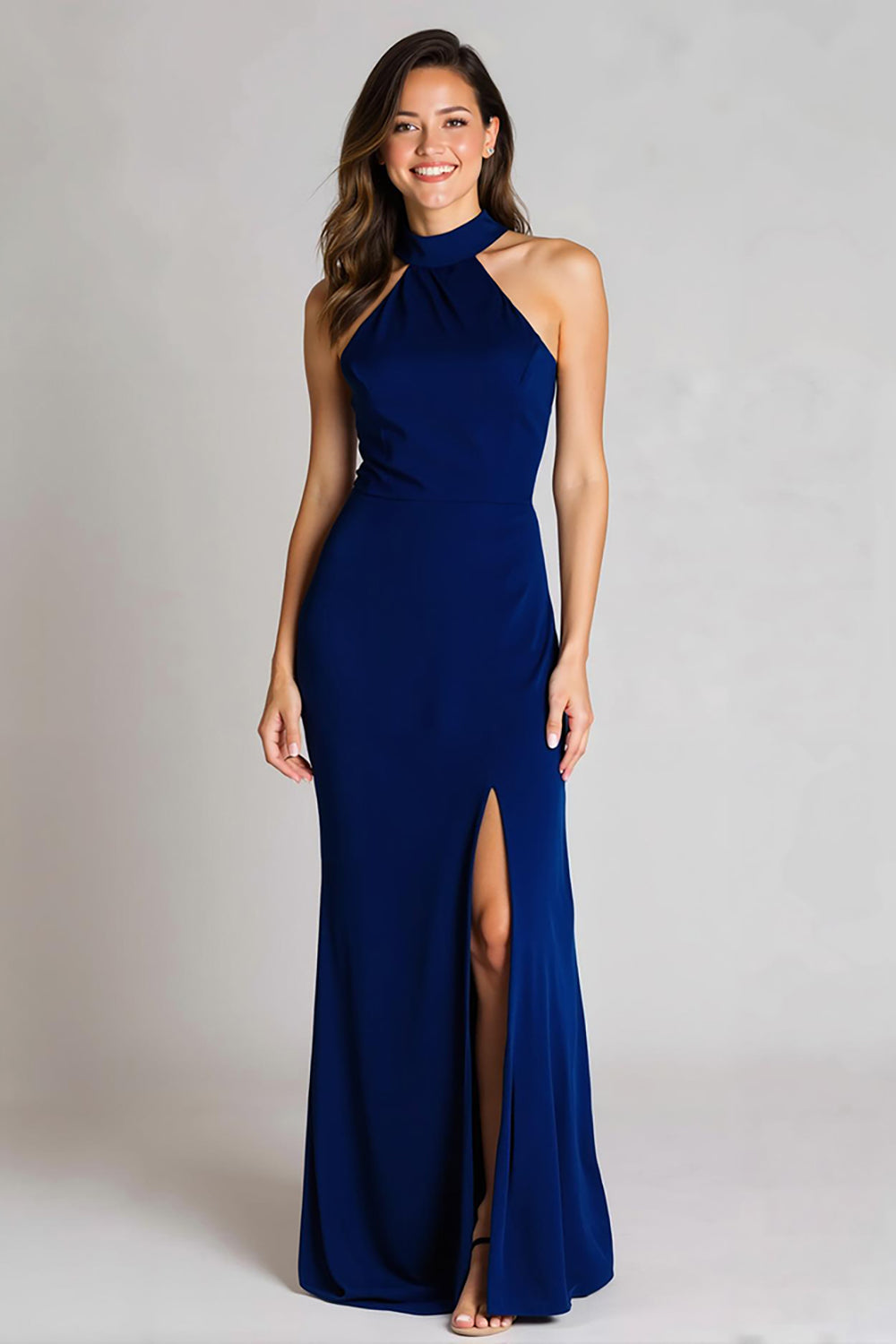 Navy Halter Satin Backless Mermaid Long Formal Dress with Slit