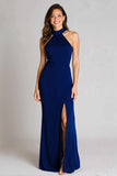 Navy Halter Satin Backless Mermaid Long Formal Dress with Slit