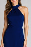 Navy Halter Satin Backless Mermaid Long Formal Dress with Slit