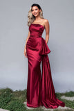 Burgundy Strapless Satin Mermaid Long Formal Dress with Side Cape