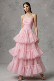 Pink Tulle Strapless A Line Ruffled Maxi Pageant Dress