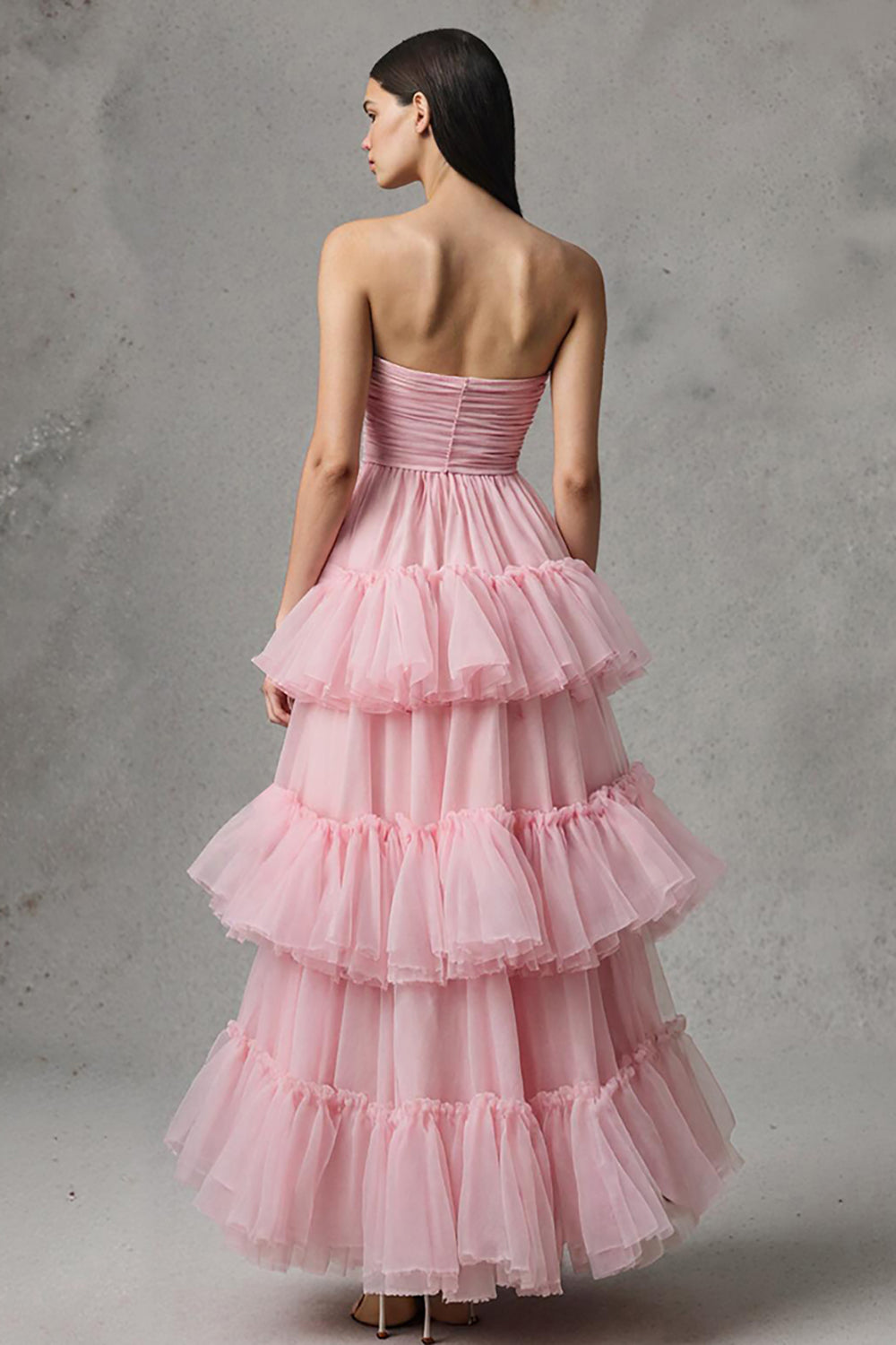 Pink Tulle Strapless A Line Ruffled Maxi Pageant Dress