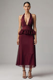 Burgundy Halter Chiffon Sheath Tea Length Formal Dress with Ruffles