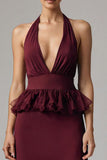 Burgundy Halter Chiffon Sheath Tea Length Formal Dress with Ruffles