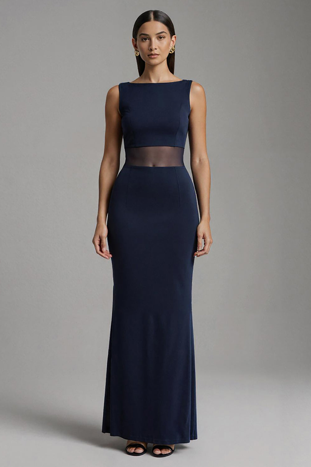 Simple Navy Satin Boat Neck Mermaid Long Formal Dress