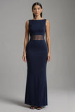Simple Navy Satin Boat Neck Mermaid Long Formal Dress