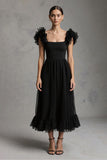Black Tulle Square Neck A Line Maxi Formal Dress with Ruffles