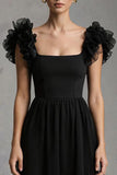 Black Tulle Square Neck A Line Maxi Formal Dress with Ruffles