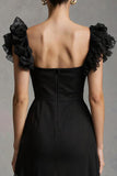 Black Tulle Square Neck A Line Maxi Formal Dress with Ruffles