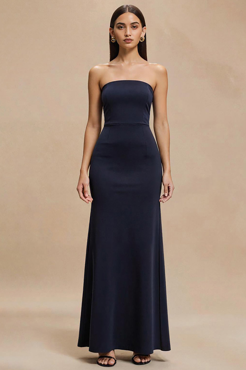 Simple Navy Satin Strapless Mermaid Maxi Formal Dress