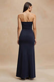 Simple Navy Satin Strapless Mermaid Maxi Formal Dress