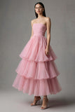Pink Strapless A Line Ruffled Tulle Ankle Length Pageant Dress