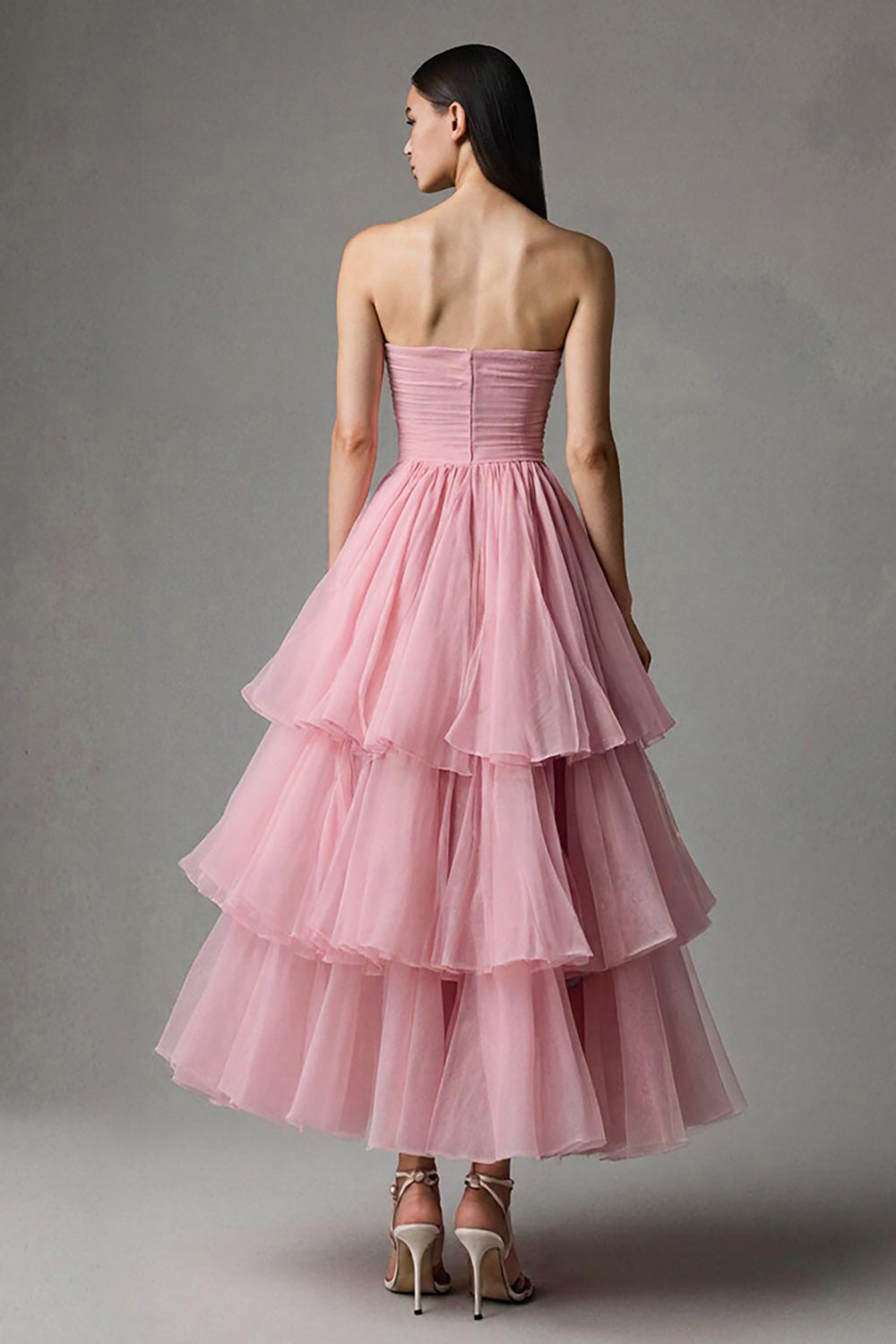 Pink Strapless A Line Ruffled Tulle Ankle Length Pageant Dress