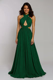 Dark Green Halter Chiffon Cut Out A Line Maxi Holiday Party Dress