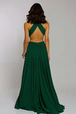 Dark Green Halter Chiffon Cut Out A Line Maxi Holiday Party Dress