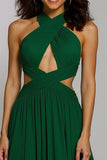 Dark Green Halter Chiffon Cut Out A Line Maxi Holiday Party Dress
