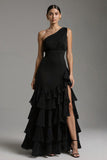 Black One Shoulder Chiffon A Line Ruffled Long Formal Dress with Slit
