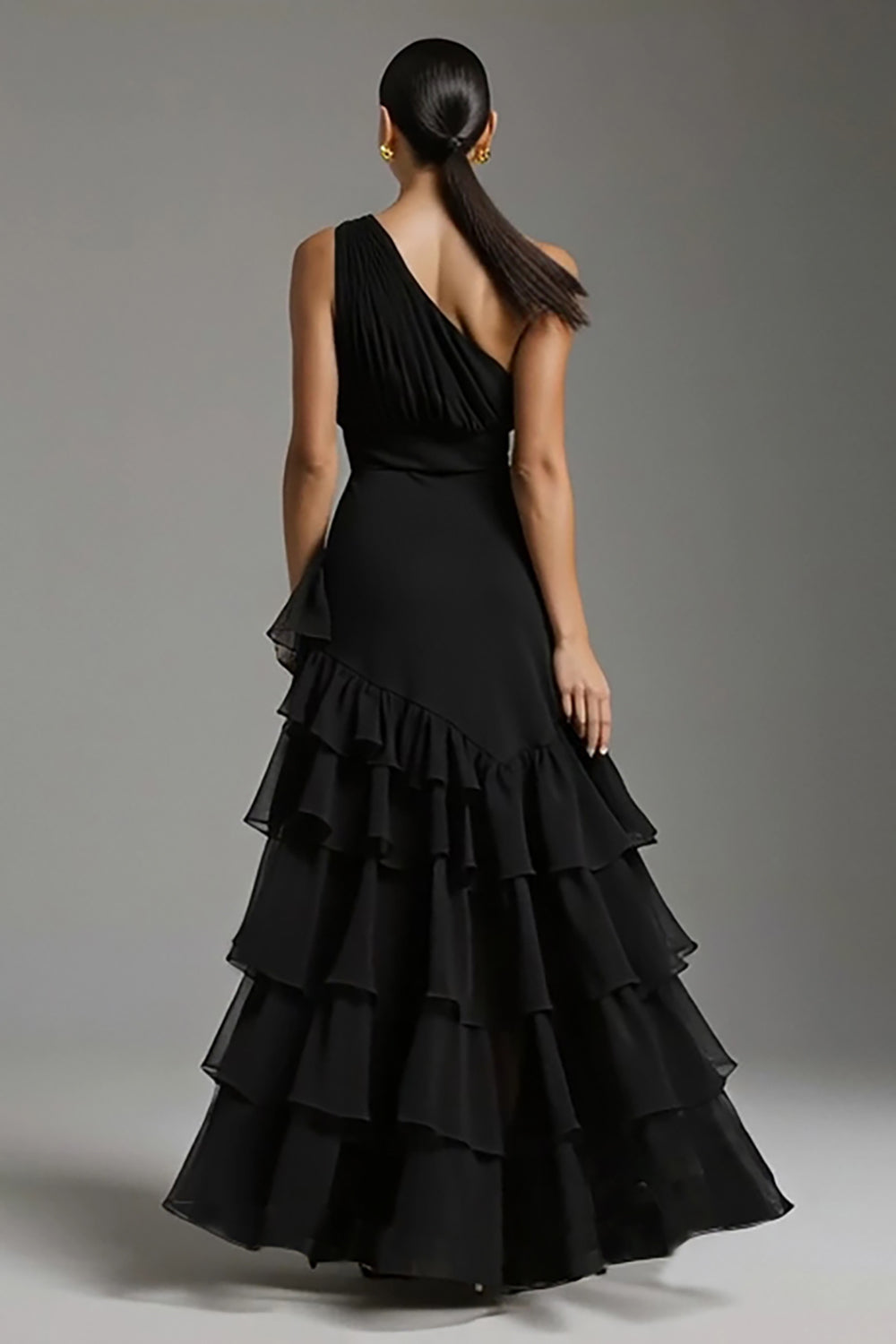 Black One Shoulder Chiffon A Line Ruffled Long Formal Dress with Slit