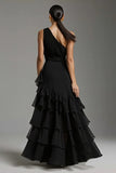 Black One Shoulder Chiffon A Line Ruffled Long Formal Dress with Slit