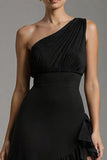Black One Shoulder Chiffon A Line Ruffled Long Formal Dress with Slit